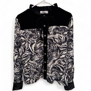 Pascal Black and White Button-Up Blouse with Tie Neck and Velvet accents